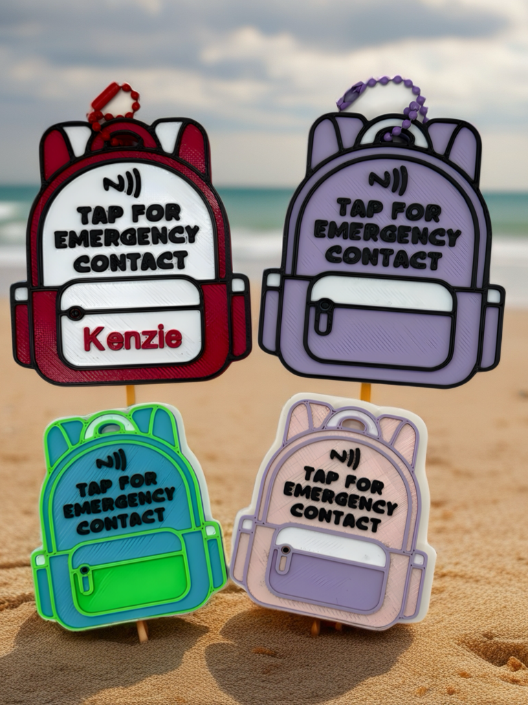 Back-to-School NFC Backpack Keychain – Customizable Colors; Emergency Contact Access